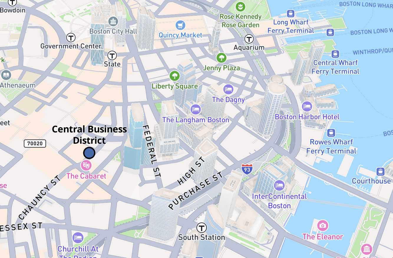A screenshot of a Mapbox basemap showing the Central Business District of Boston, MA