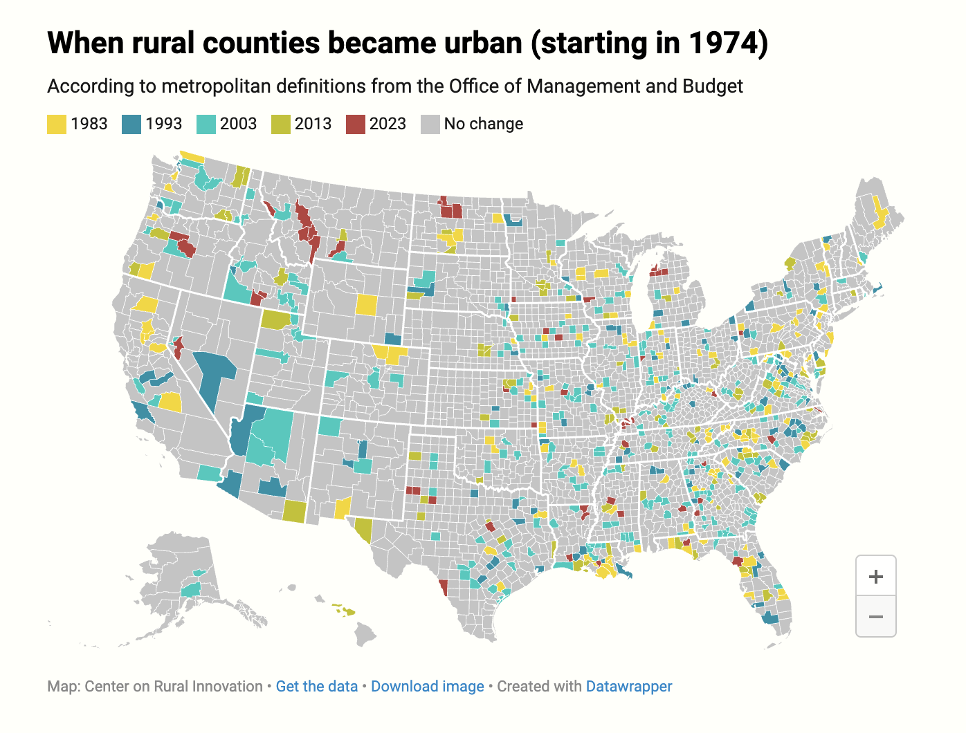 A map showing when rural counties first transition to urban