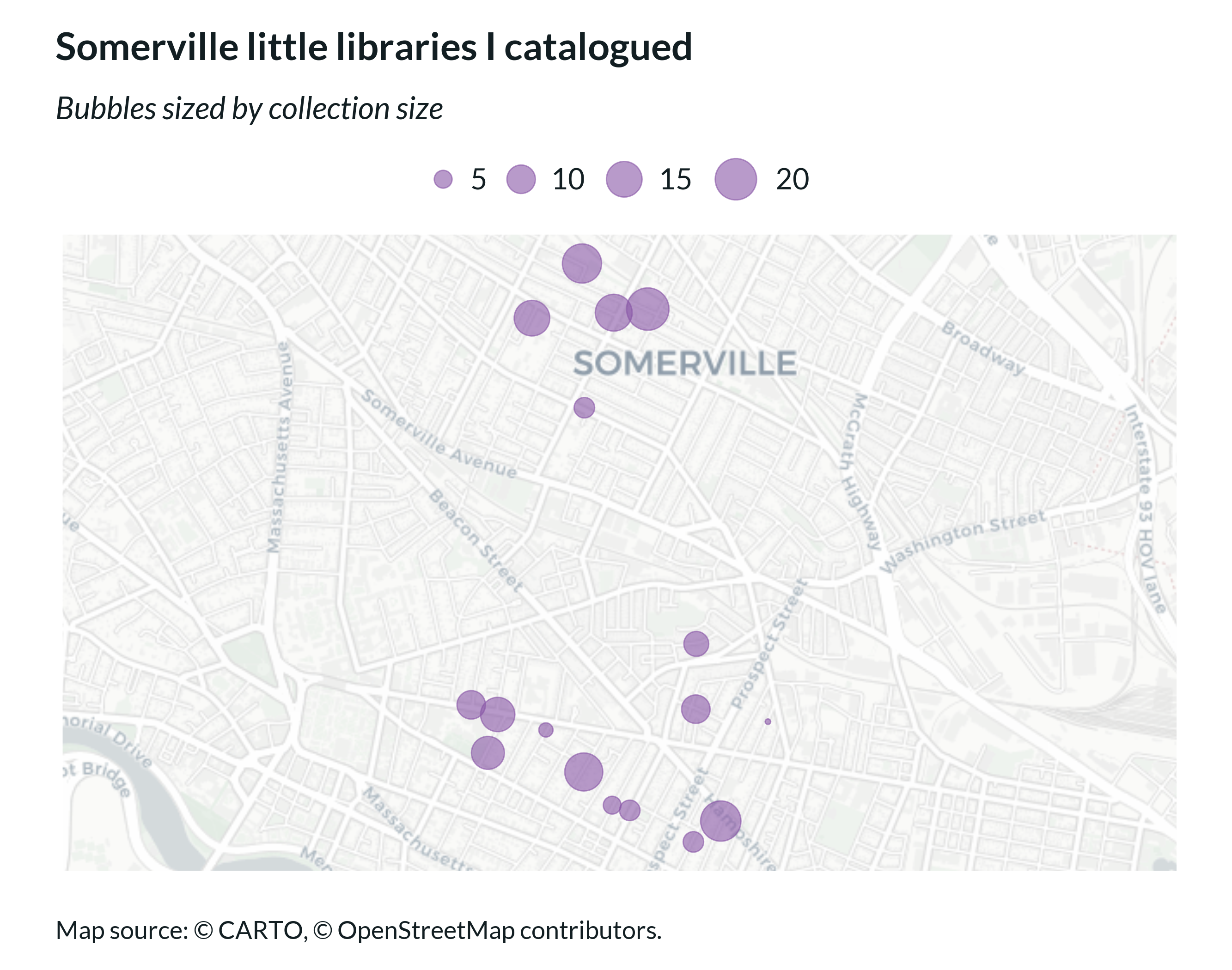 A bubble map of Somerville little libraries, showing the size of their collection.